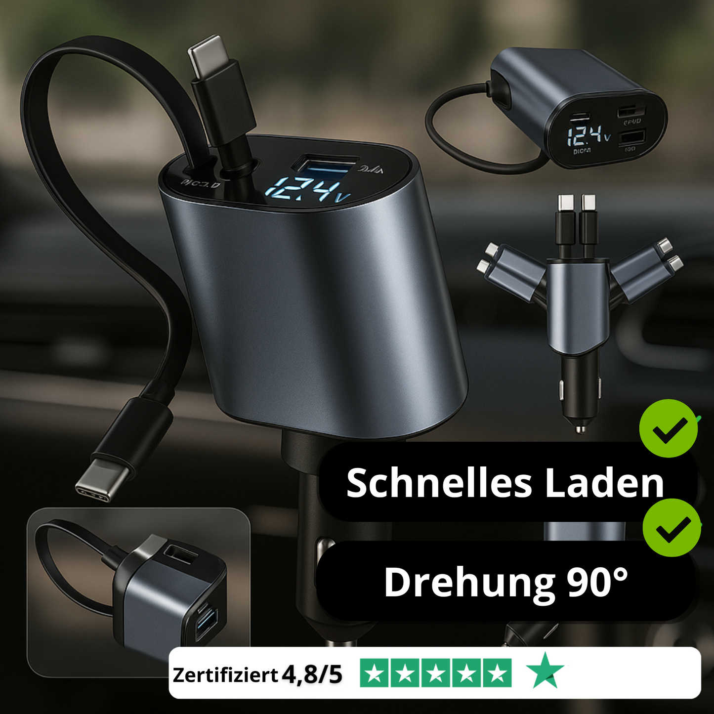 4-in-1-Autoladegerät mit einziehbarer LED-Anzeige – Kompatibel mit allen Telefonen seit 2010