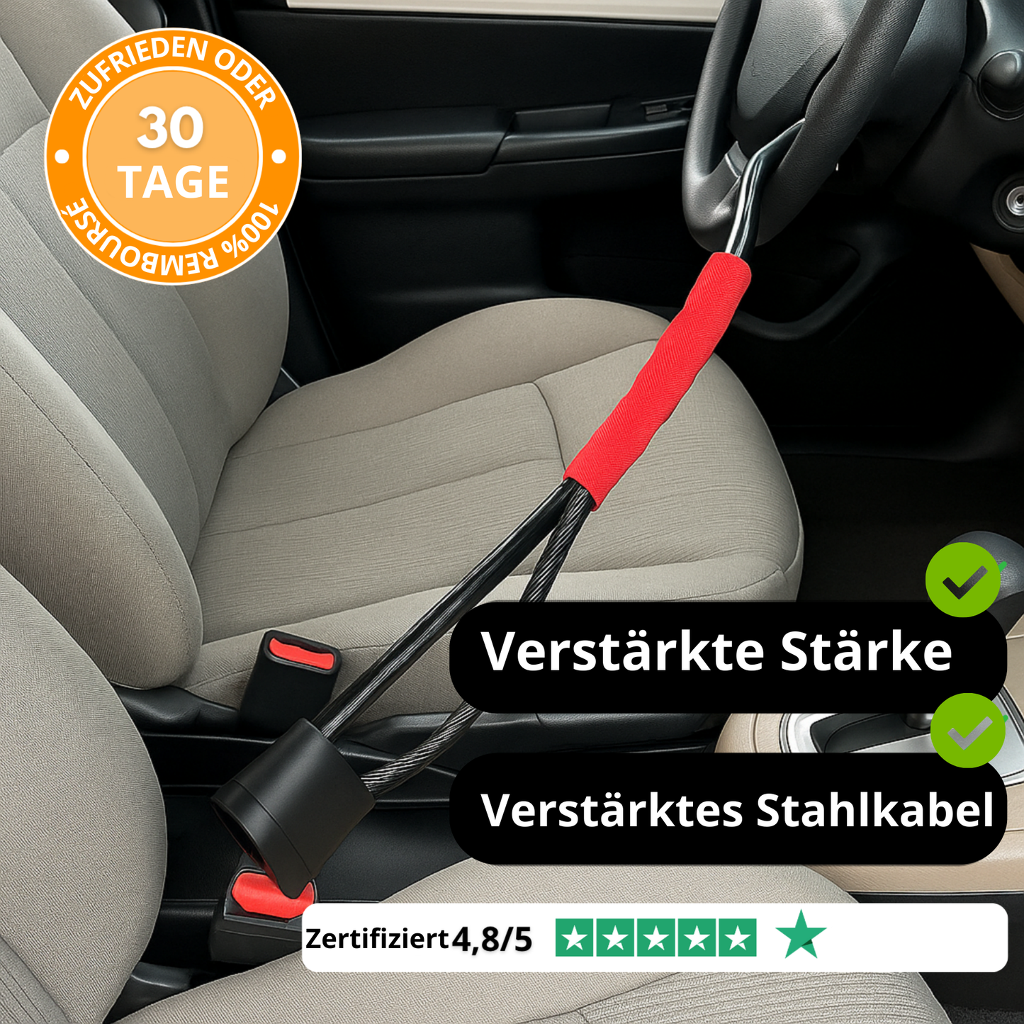 Auto-Lenkrad- und Sicherheitsgurtschloss – Verstärktes Stahlkabel + 3 Schlüssel – SUV, LKW, Autosicherheit