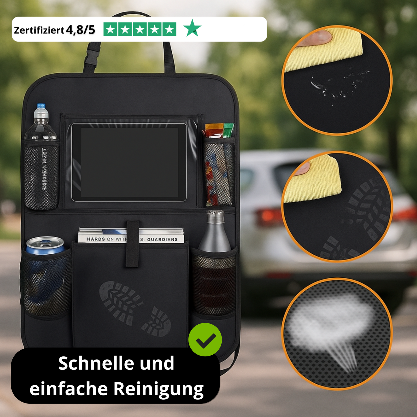 Auto-Rücksitz-Organizer (2er-Pack) – Aufbewahrung mit mehreren Taschen, Rückenlehnenschutz und Fußstütze – Schwarz