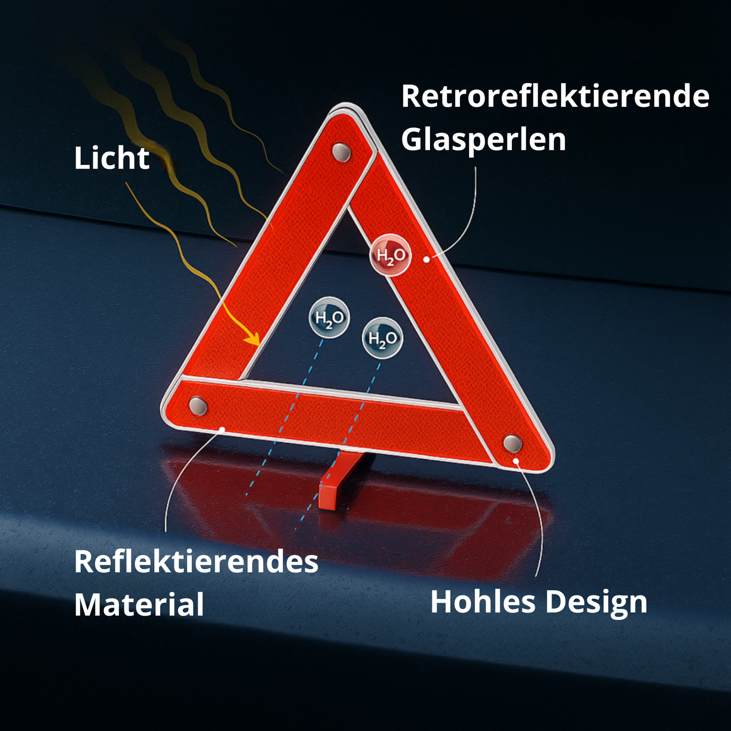 Reflektierendes Notfall-Warnschild für Autos – dreieckig, faltbar, 30 x 30 cm