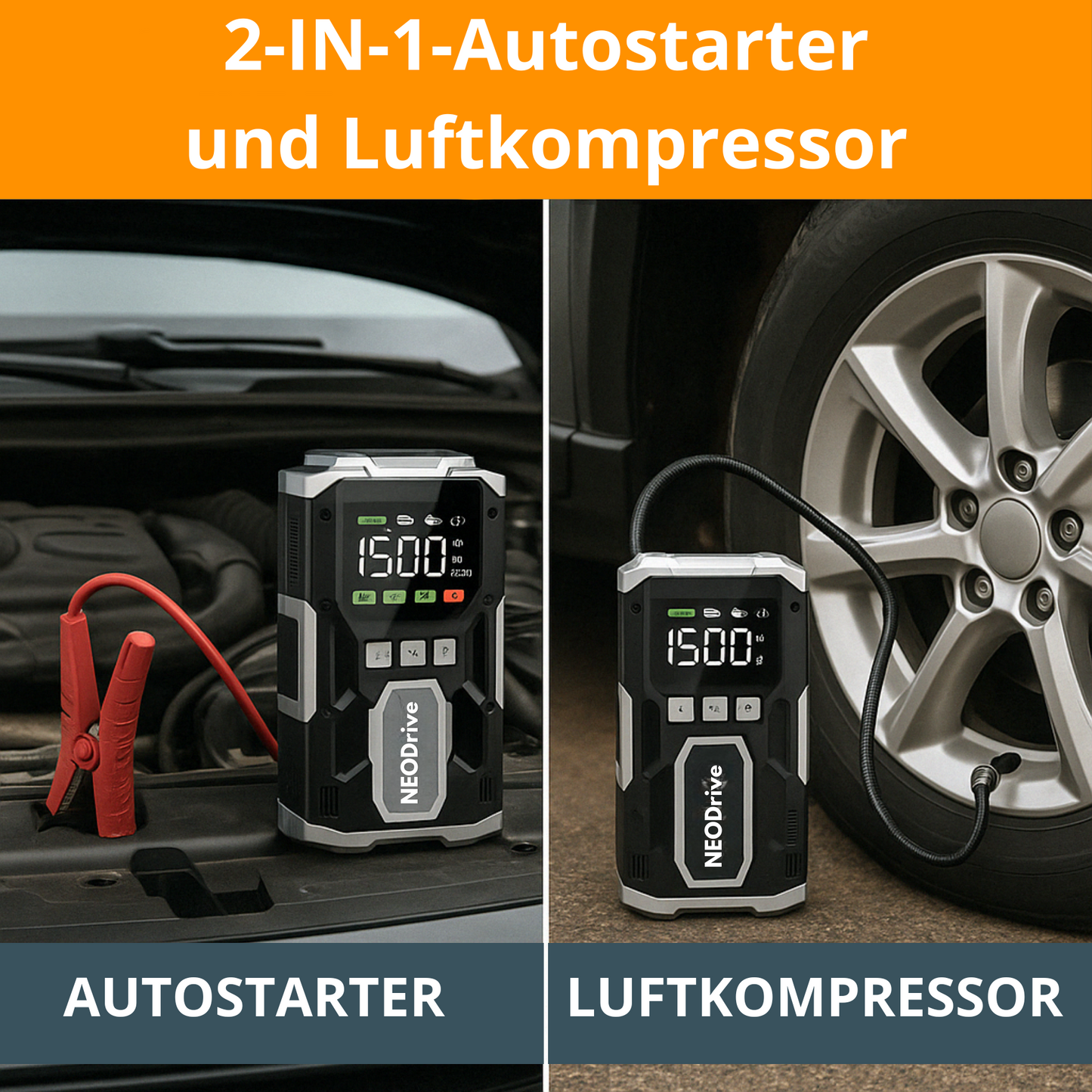 Auto-Starthilfe – Batterie-Booster & Auto-Kompressor, leistungsstark & tragbar