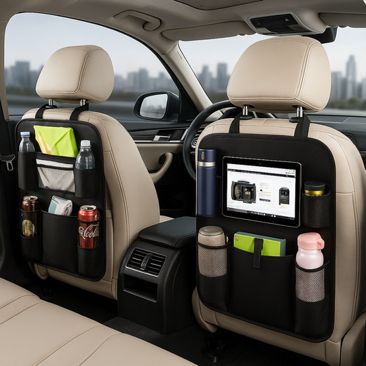 Auto-Rücksitz-Organizer (2er-Pack) – Aufbewahrung mit mehreren Taschen, Rückenlehnenschutz und Fußstütze – Schwarz