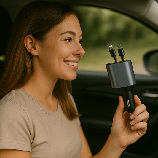 4-in-1-Autoladegerät mit einziehbarer LED-Anzeige – Kompatibel mit allen Telefonen seit 2010
