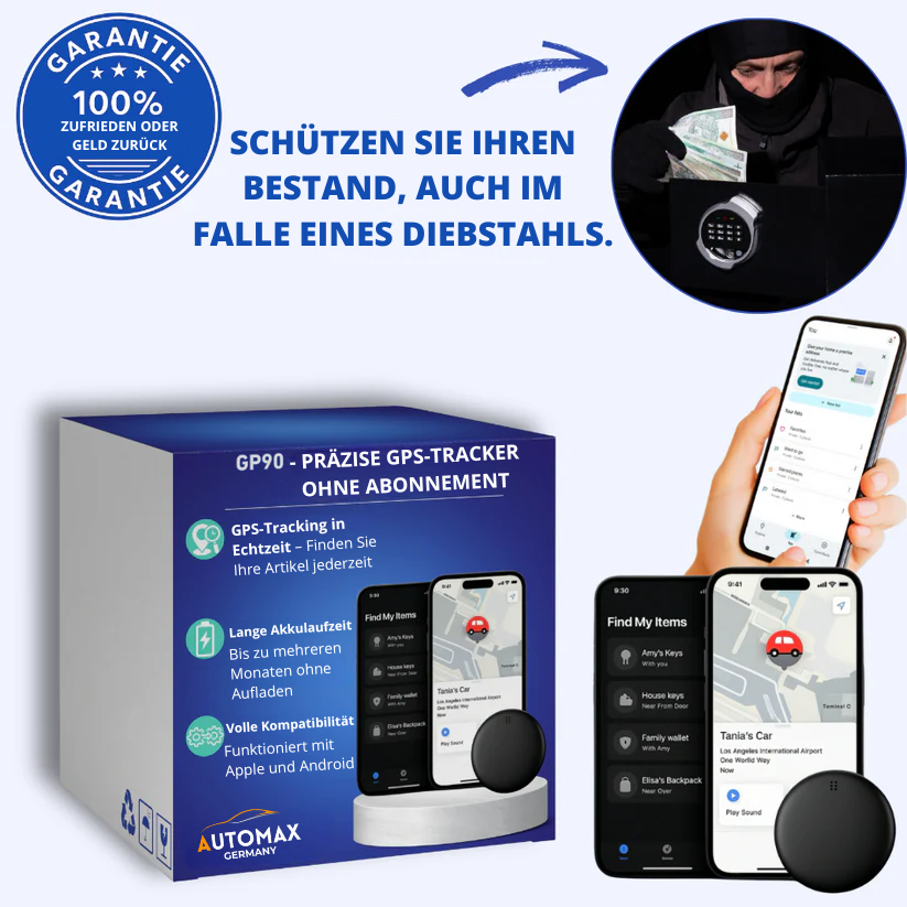 GP90 - Präziser GPS-Tracker ohne Abonnement (Android/Apple)