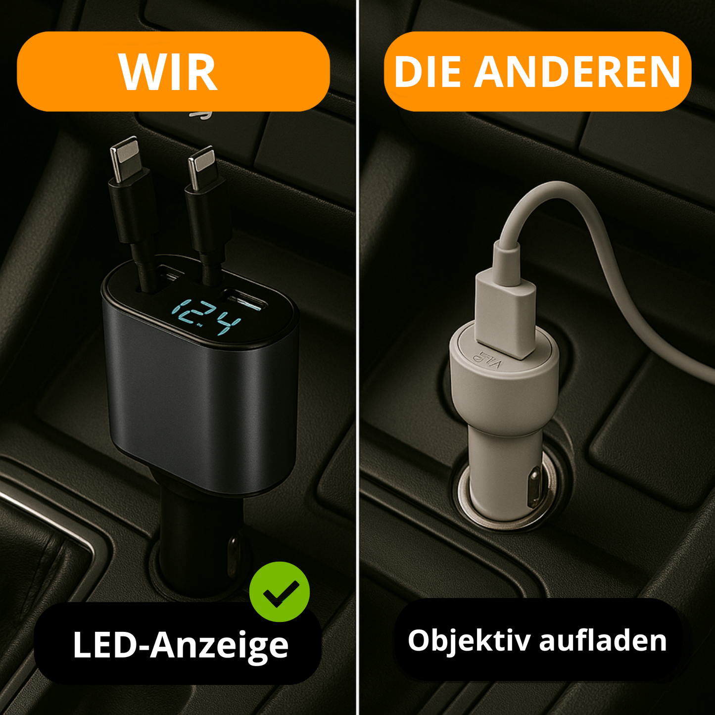4-in-1-Autoladegerät mit einziehbarer LED-Anzeige – Kompatibel mit allen Telefonen seit 2010