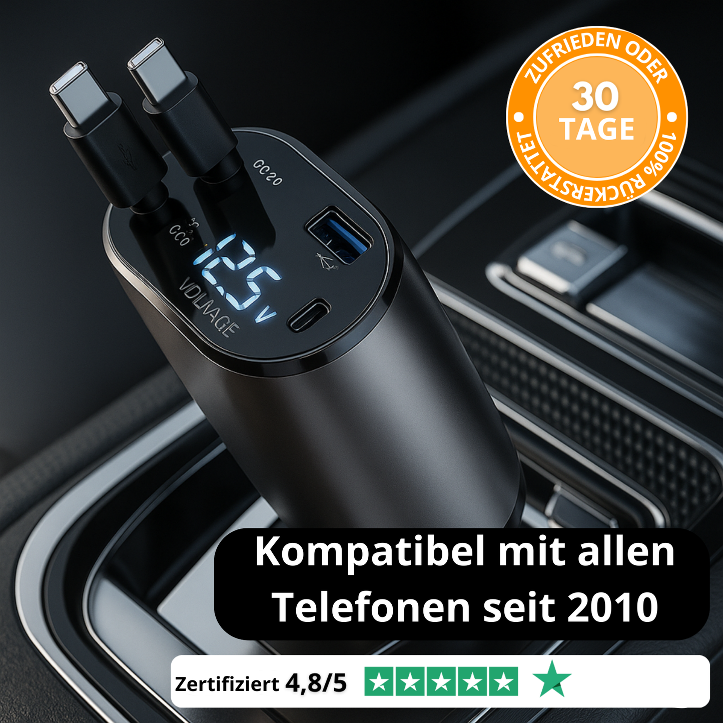 4-in-1-Autoladegerät mit einziehbarer LED-Anzeige – Kompatibel mit allen Telefonen seit 2010