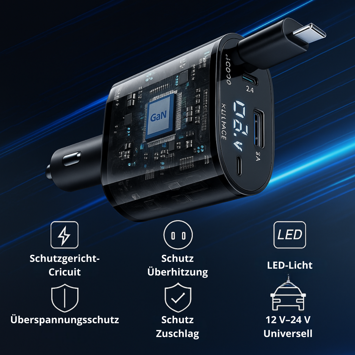 4-in-1-Autoladegerät mit einziehbarer LED-Anzeige – Kompatibel mit allen Telefonen seit 2010
