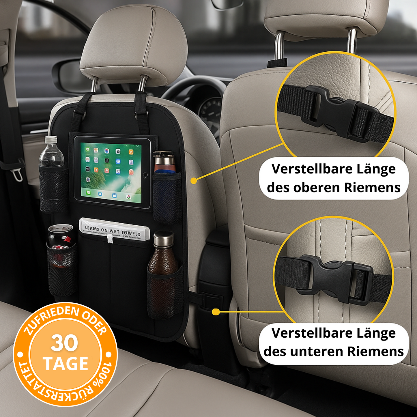 Auto-Rücksitz-Organizer (2er-Pack) – Aufbewahrung mit mehreren Taschen, Rückenlehnenschutz und Fußstütze – Schwarz